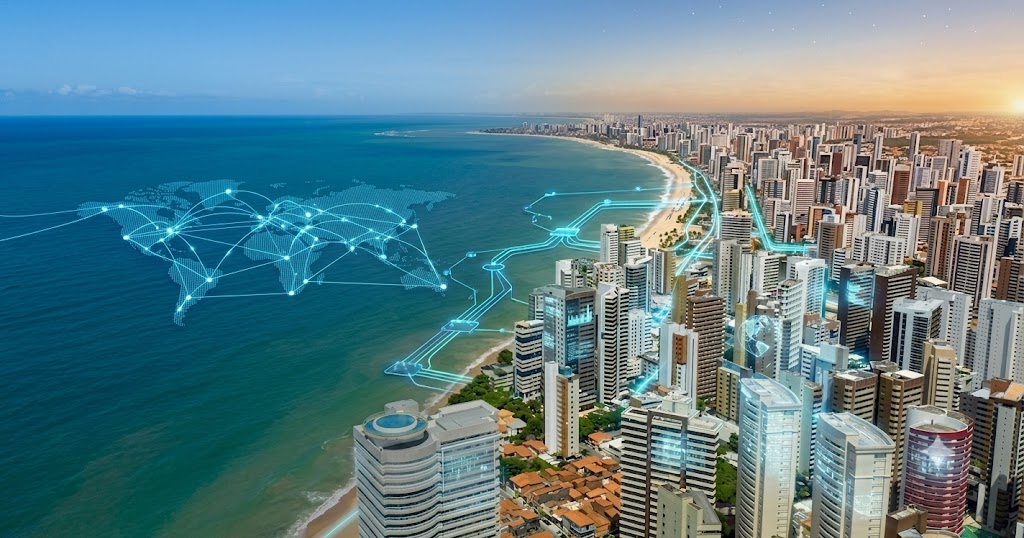 Vista aérea de Fortaleza com elementos de conexão digital